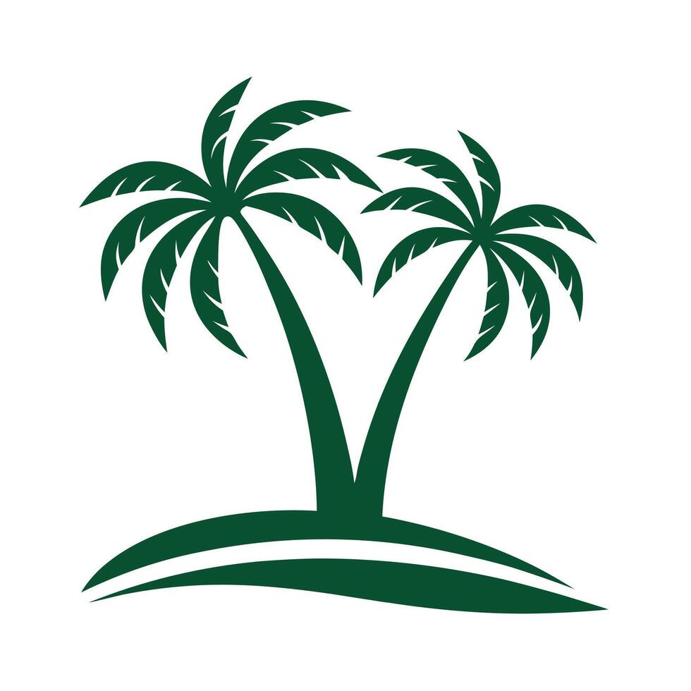 Two Dark Green Palm Trees on a Small Green Island Simple Tropical Illustration Design Graphic vector