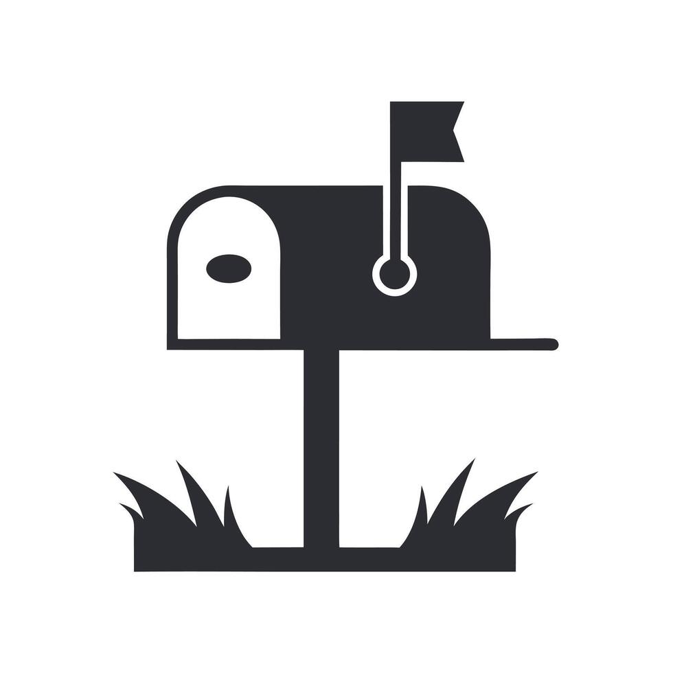 Simple Black Mailbox Icon with Flag on Post Grass Silhouette on White Background letter vector