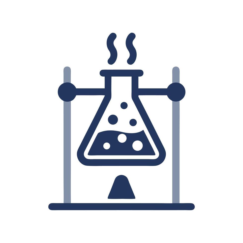 Erlenmeyer Flask with Boiling Liquid on a Laboratory Stand Isolated on White Background Simple Dark Blue Icon vector