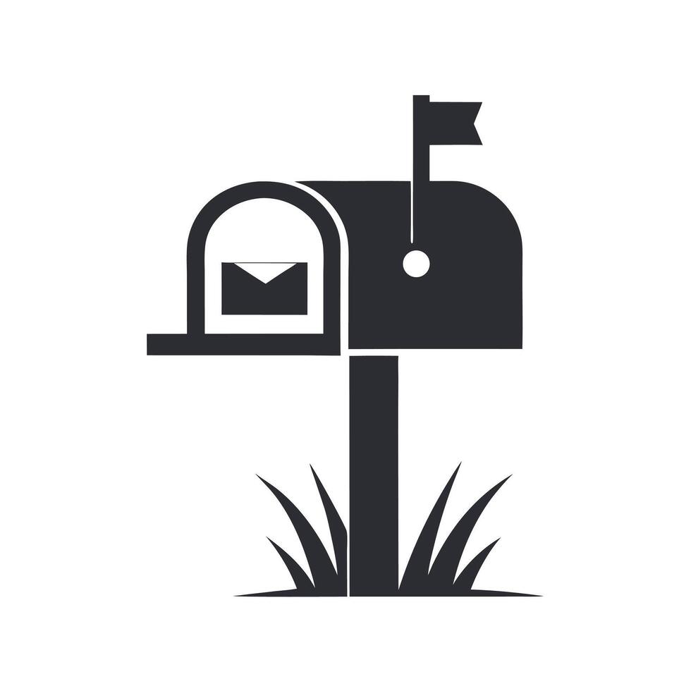 Simple Black Mailbox Icon with Envelope and Flag on White Background Grassy Base postbox vector