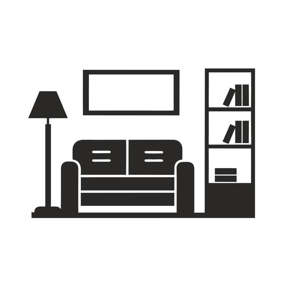 Simple Black Silhouette Living Room Interior Design Sofa Lamp Bookshelf Picture Frame Home Decor vector
