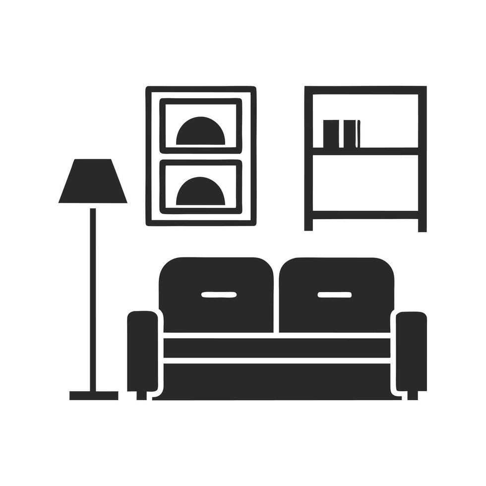 Simple Black Silhouette of Living Room Furniture Set including Sofa Floor Lamp and Bookshelf on White Background vector