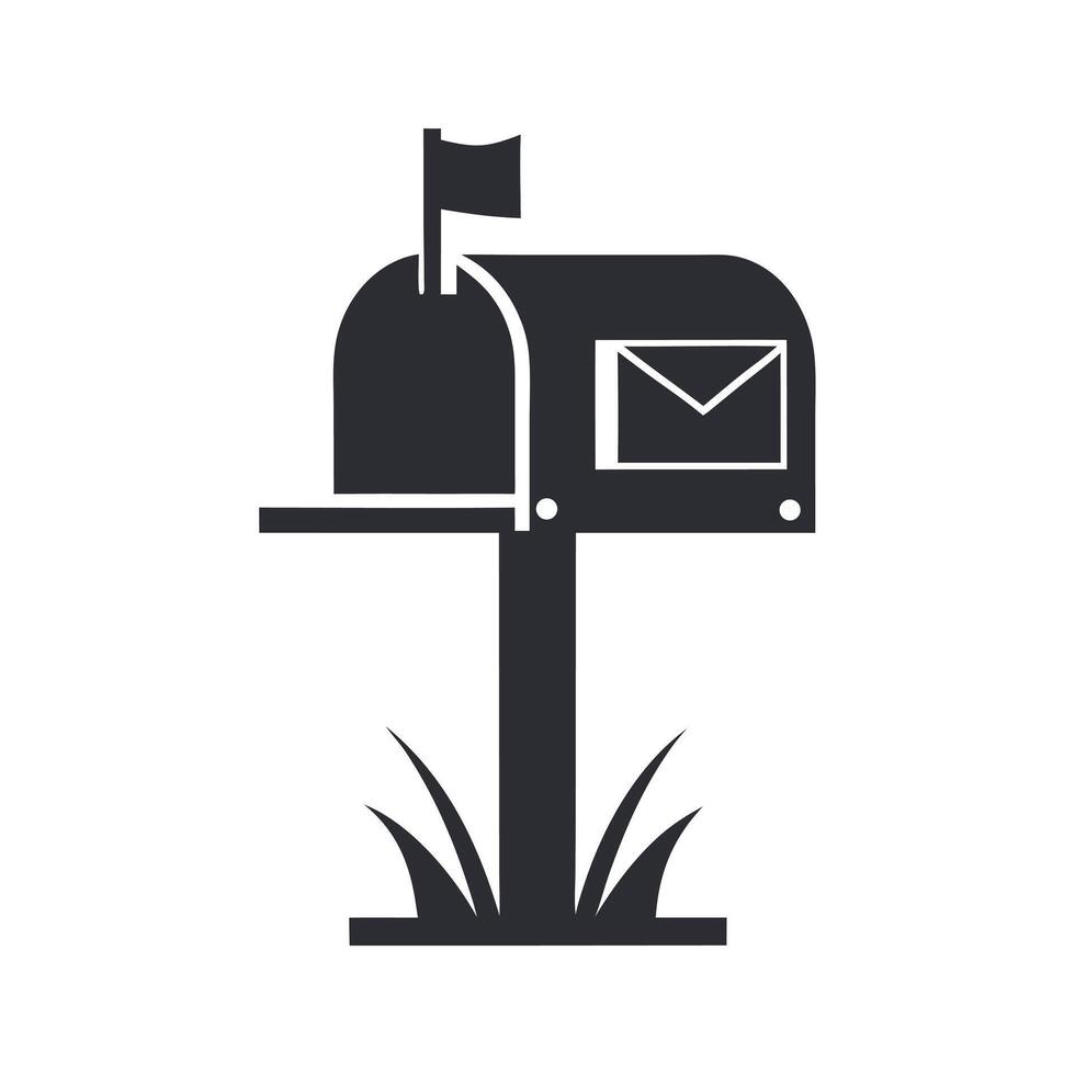 Simple Black Silhouette Mailbox Icon with Flag and Grass on White Background Isolated Cutout Illustration vector