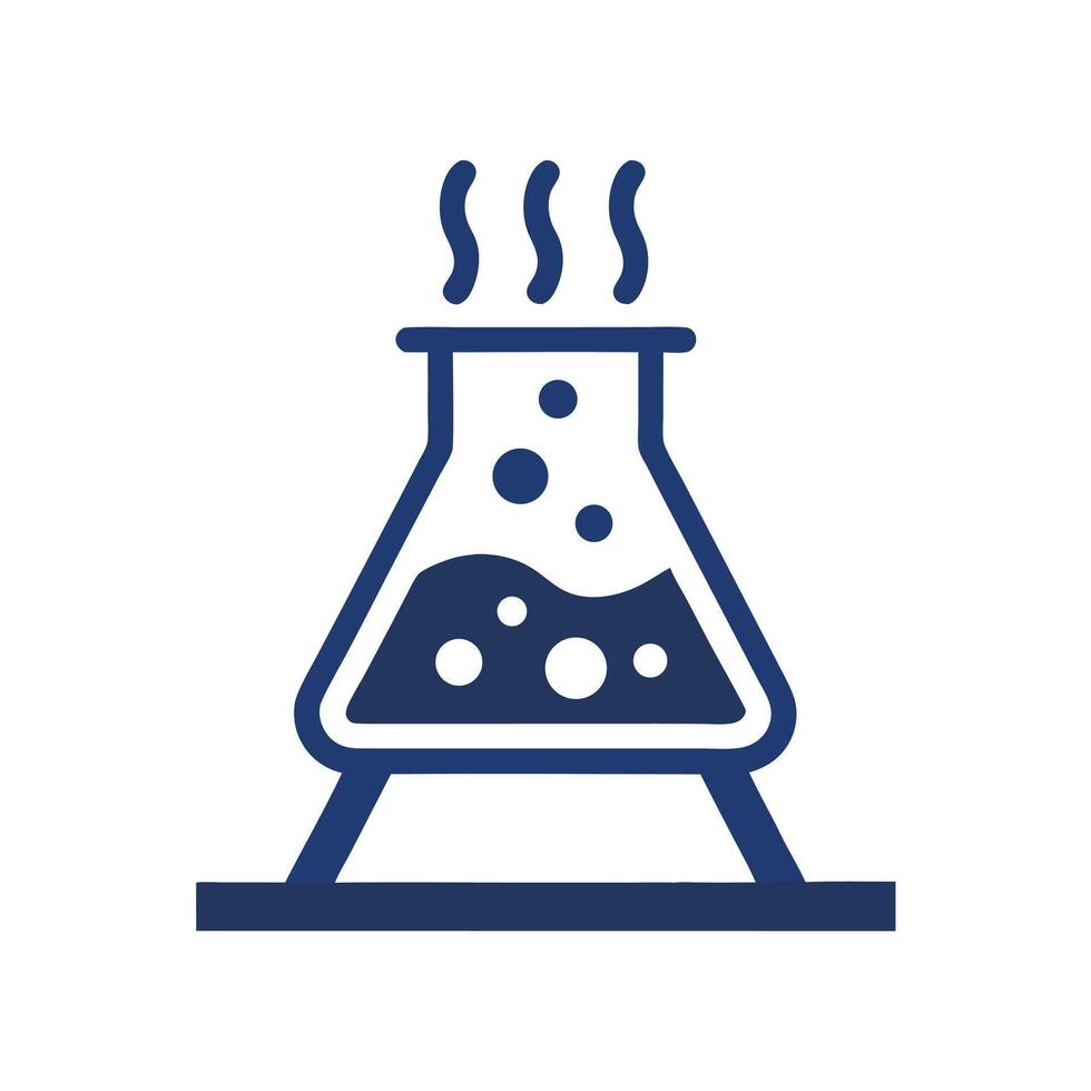 Dark Blue Erlenmeyer Flask with Boiling Liquid Bubbles on Stand Isolated on White Background vector