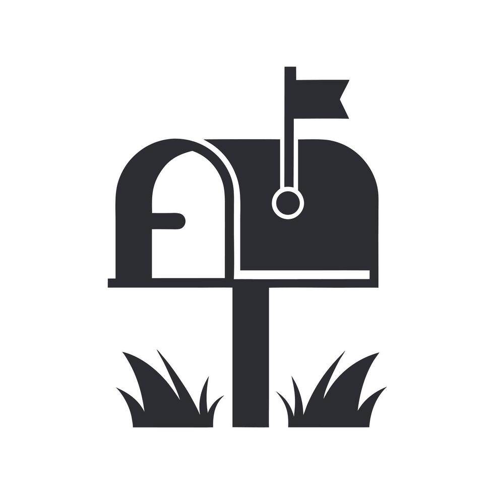 Simple Black Mailbox Icon with Flag and Grass on White Background Isolated Cutout Graphic Design Element vector
