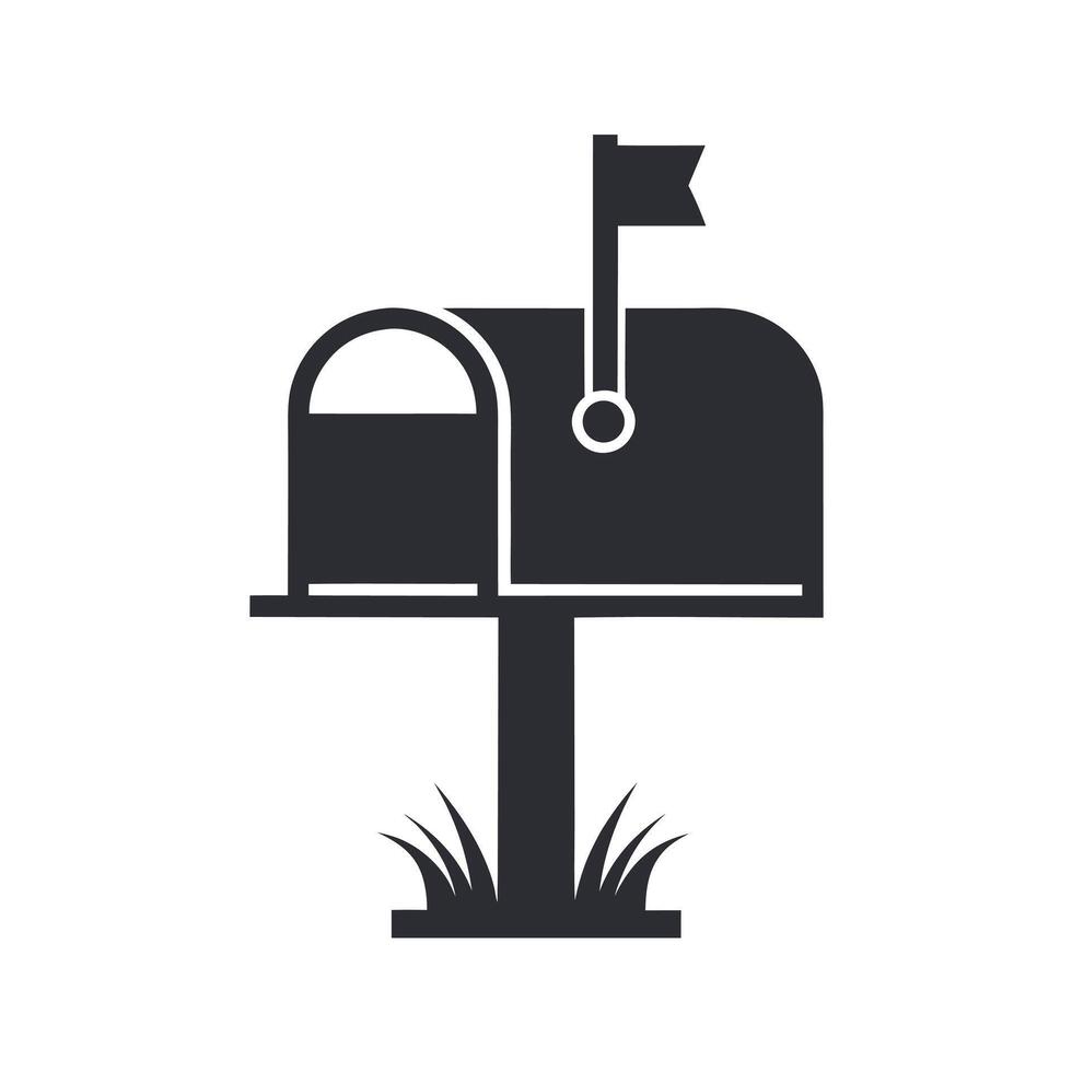 Simple Black Silhouette Mailbox Icon with Raised Flag on White Background Grass at Base vector