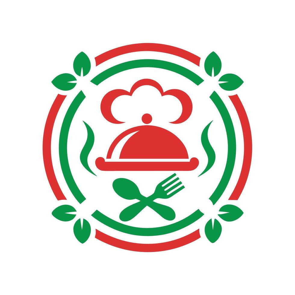 Italian Restaurant Logo Design Red Green Food Chef Hat Spoon Fork Leaves Emblem vector