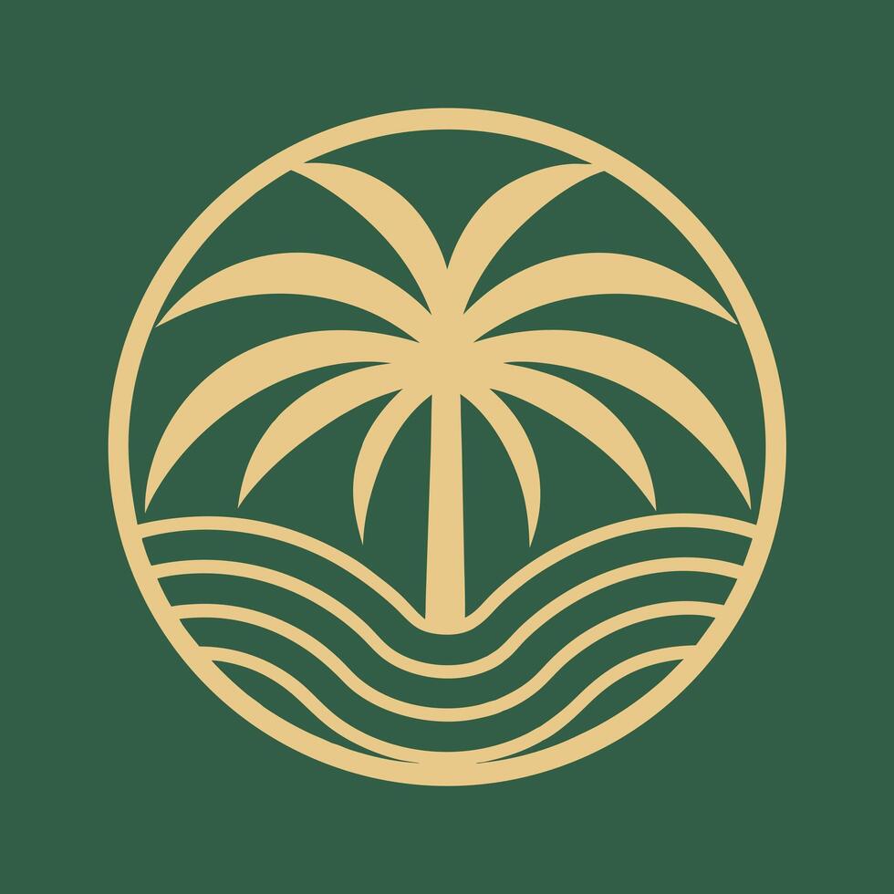 Abstract Beige Palm Tree and Ocean Waves Design on Dark Green Background Circular Logo Icon Graphic vector