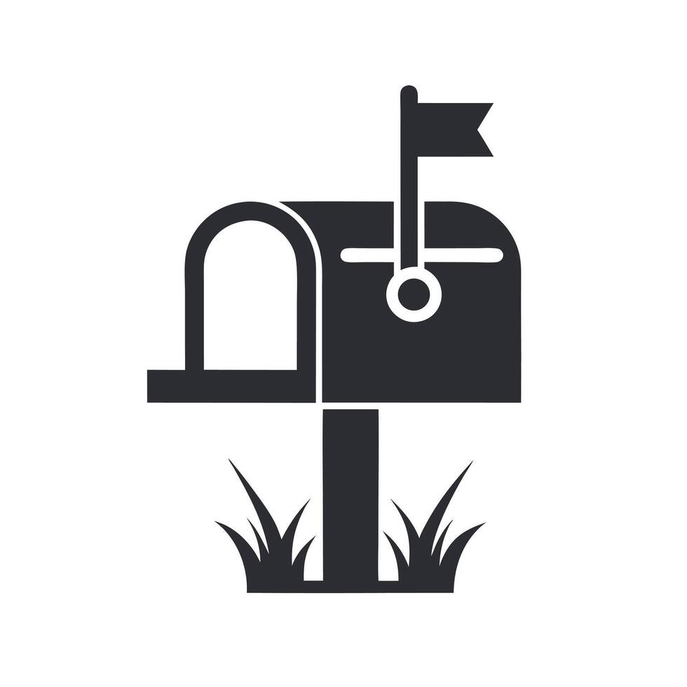 Simple Black Silhouette Mailbox Icon with Flag and Grass on White Background postbox vector