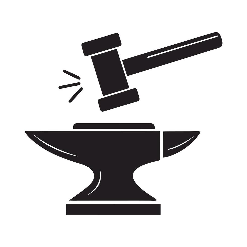 Black Silhouette of Hammer Striking Anvil Isolated on White Background Simple Icon Design for Metalworking Craftsmanship vector
