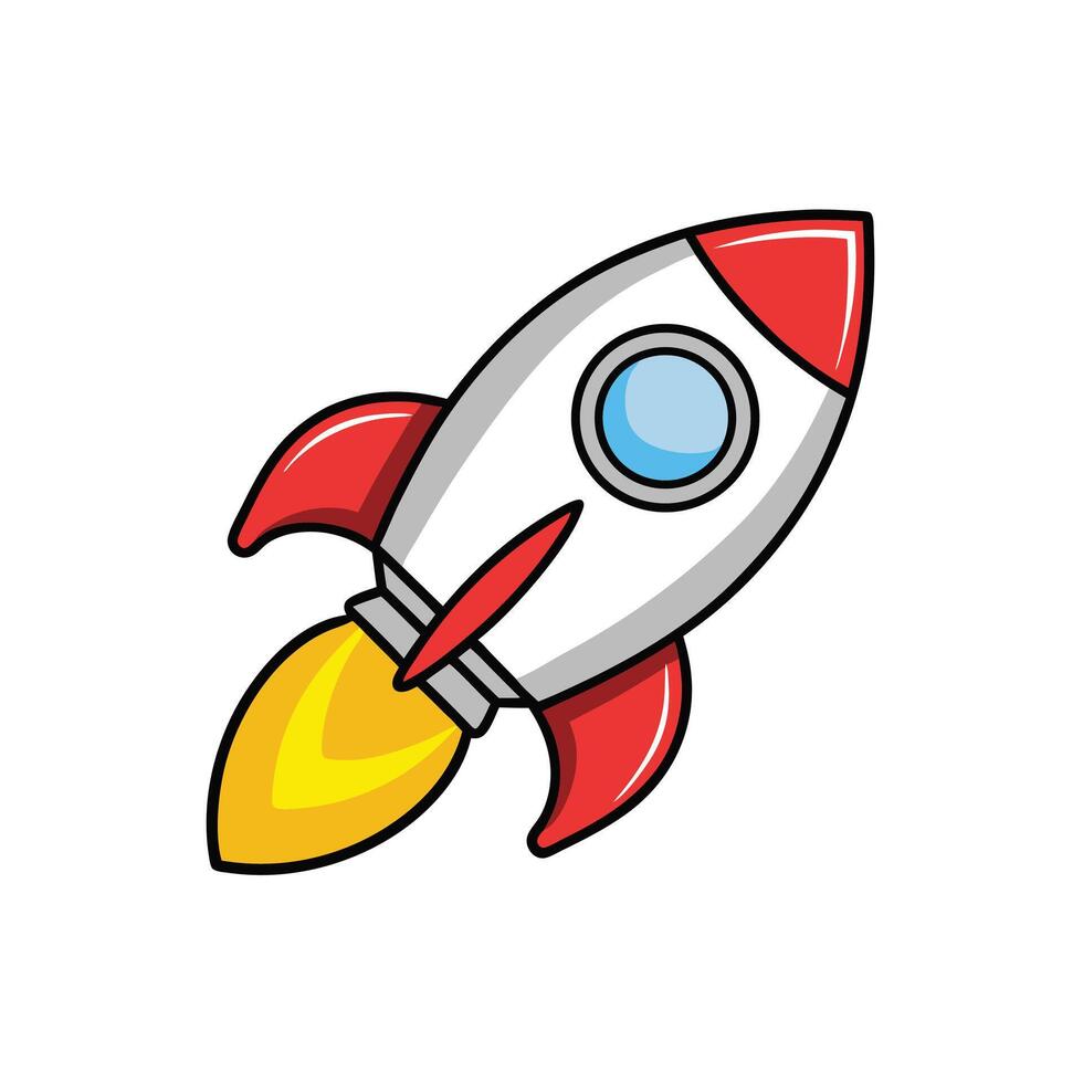 Cartoon Rocket Ship in Flight Red White Yellow and Blue Colors Simple Design Space Travel Theme Childrens Illustration vector