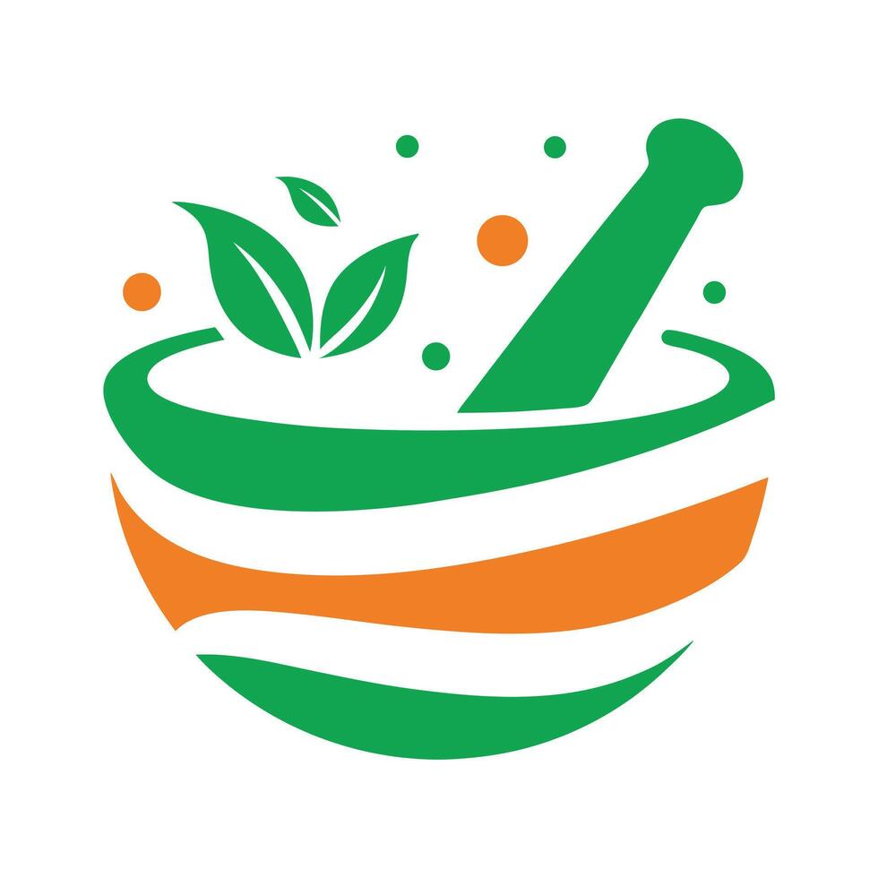 Green and orange mortar and pestle with leaves and dots herbal medicine vector