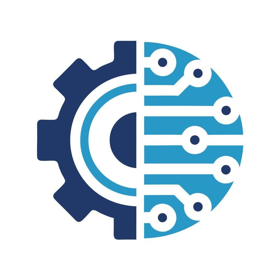 Abstract Circular Logo Design Featuring a Gear and Circuit Board Half Circle in Blue and Navy Blue Tones vector