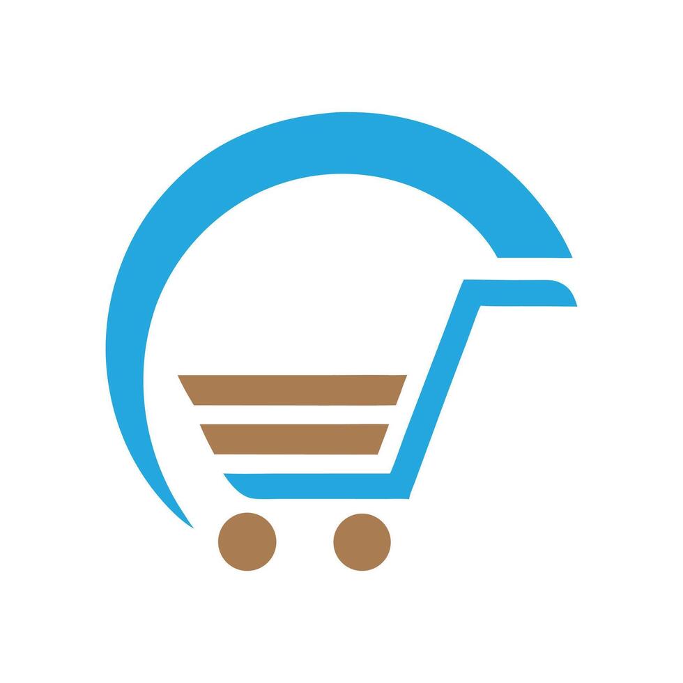 Blue and brown shopping cart icon with curved handle and wheels trolley commerce vector