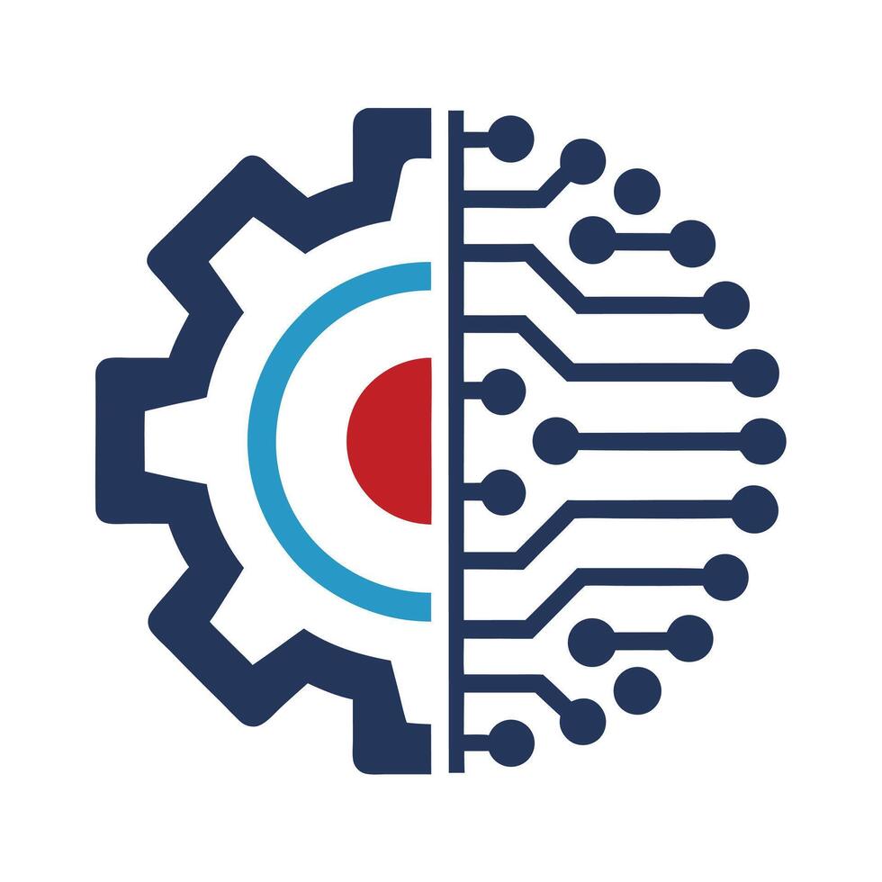 Abstract Gear Cogwheel Circuit Board Technology Icon Red Blue Navy White Background vector