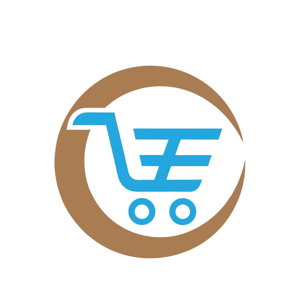 Blue shopping cart icon with brown circular frame on white background trolley basket vector
