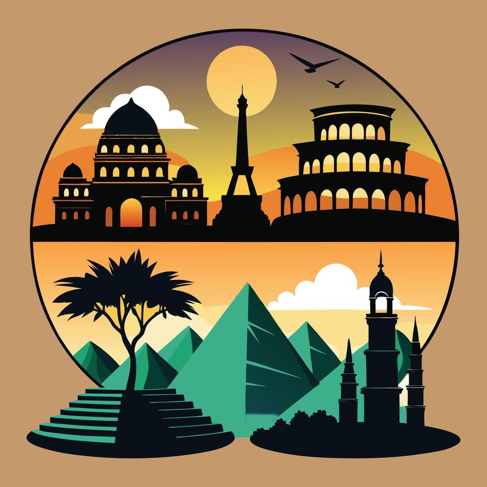 Islamic architecture illustration with mosque palm trees evening sky and decorative travel scene vector