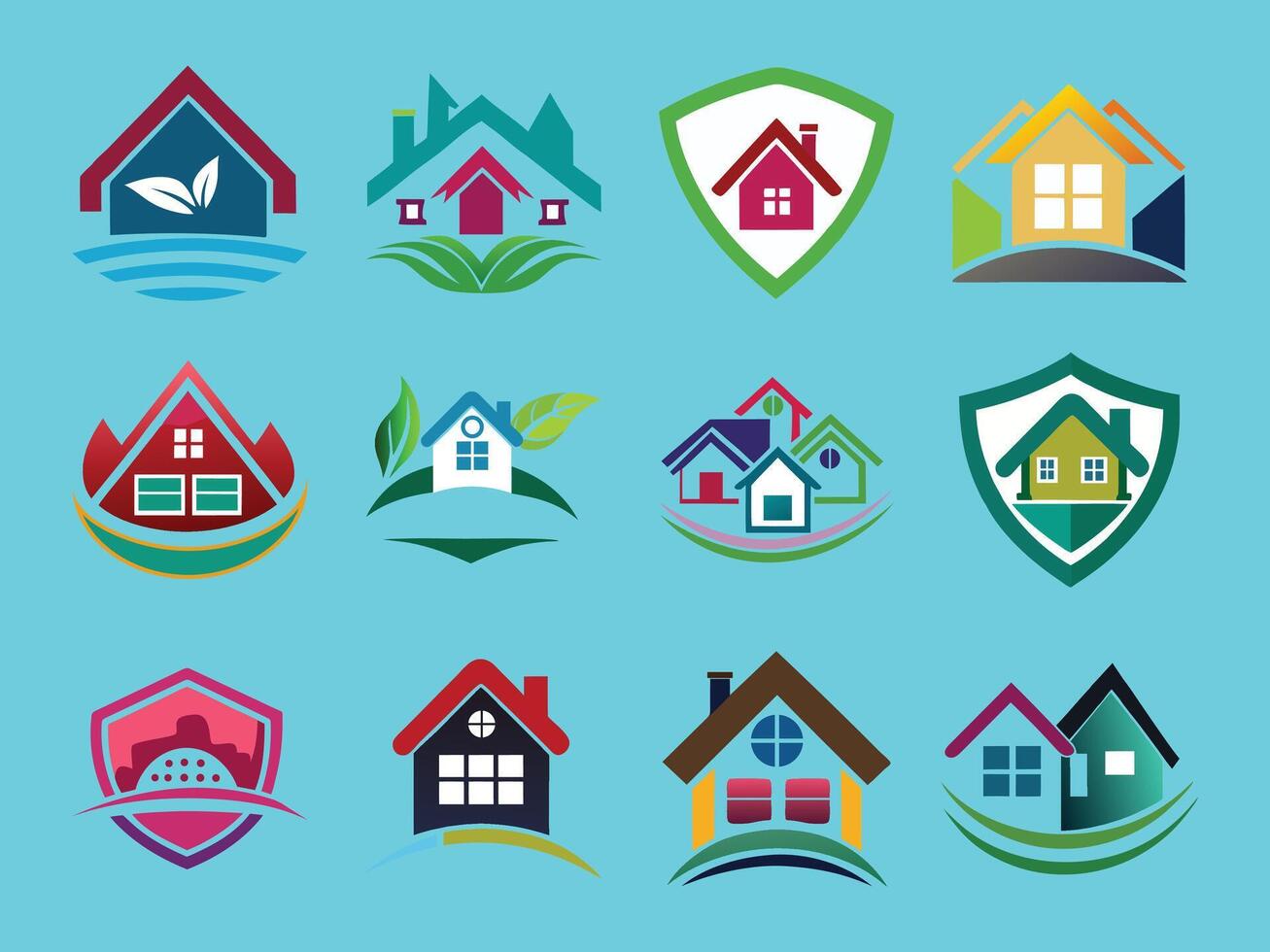 Smart home security icon pack with tech house badge in colorful flat modern style graphics vector