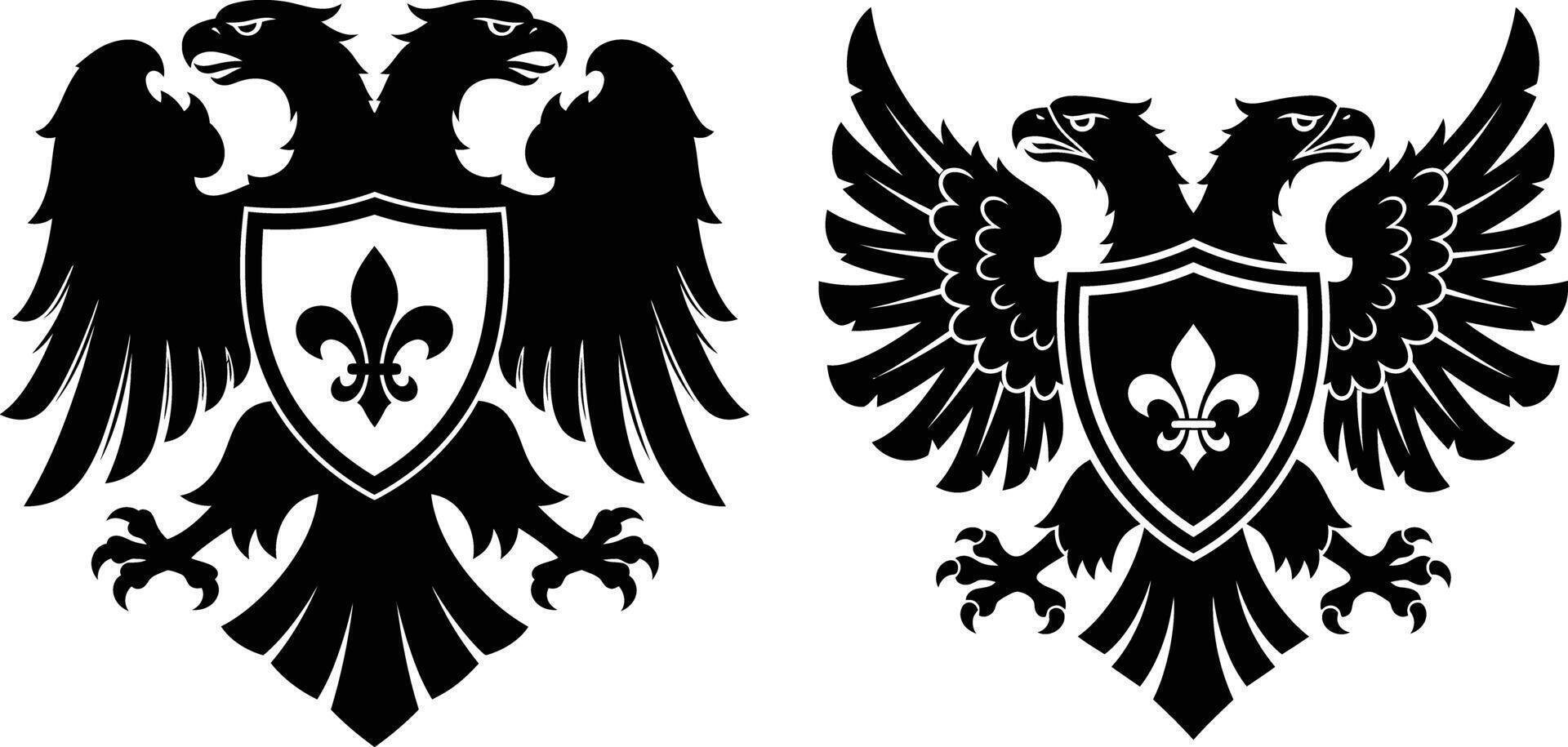 Heraldic DoubleHeaded Eagle Designs with Shield and FleurdeLis, Graphics Set vector