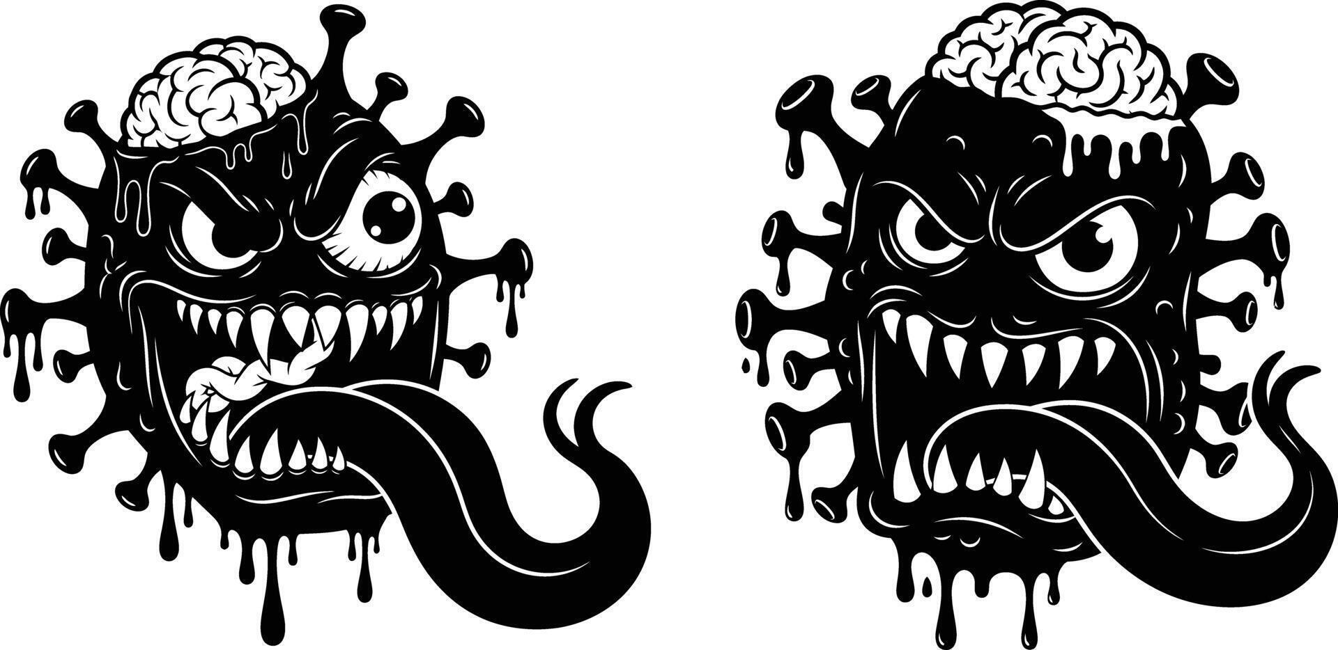 Cartoonish Virus Characters with Brains, Sharp Teeth, and Menacing Expressions Art vector