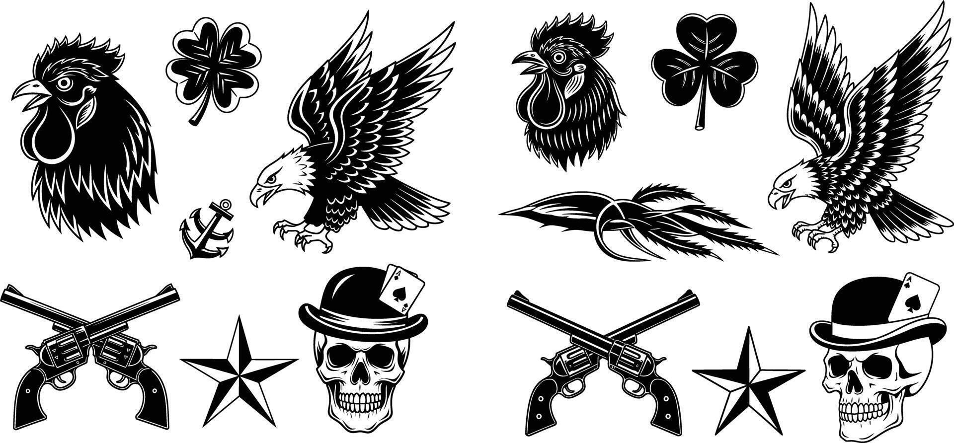 Collection of Tattoo Style Graphics Eagle, Rooster, Revolvers, Skull, Clover, Anchor, and Star vector