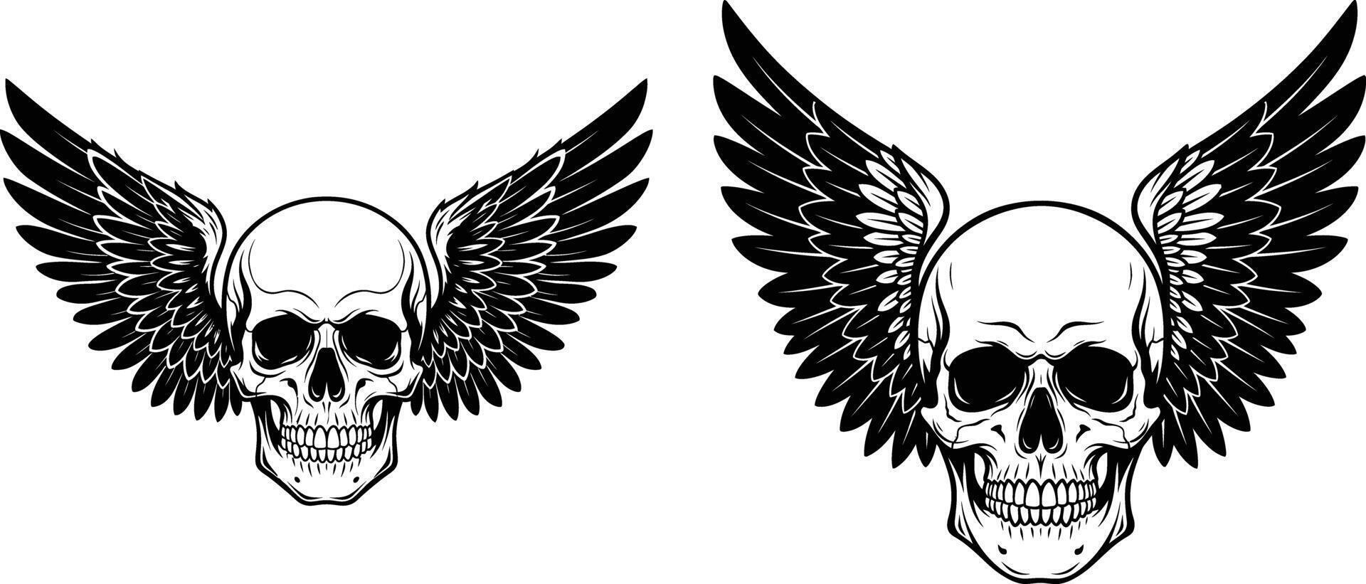 Featuring Two Winged Skulls in Detailed Outlines for Design Projects vector