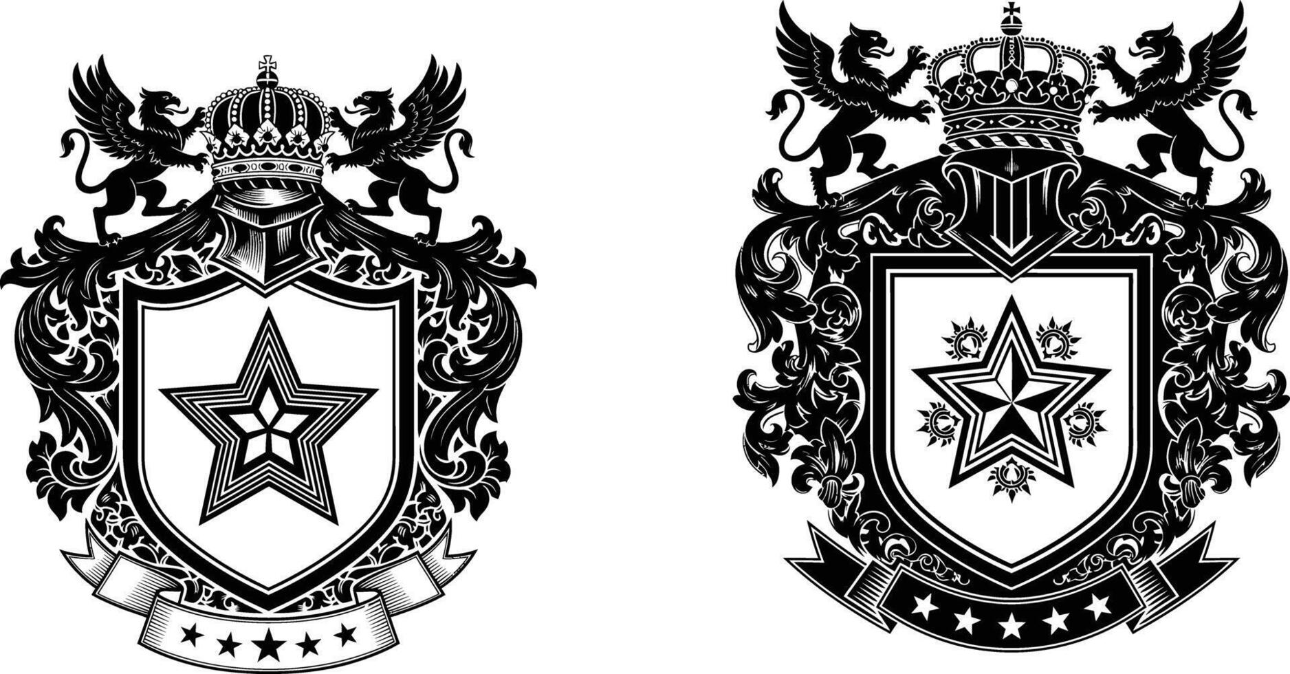Heraldic Emblems Featuring Crowned Shield, Griffins, Stars, and Banner Illustrations vector