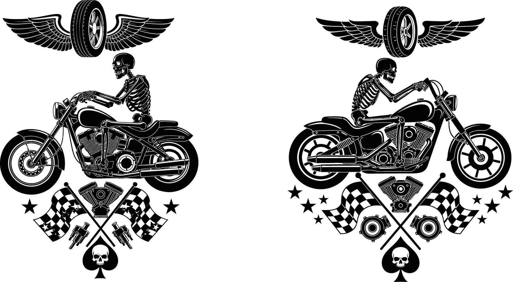 Biker Skeleton Riding Motorcycle Illustration with Winged Tire, Flags and Spade Skull vector