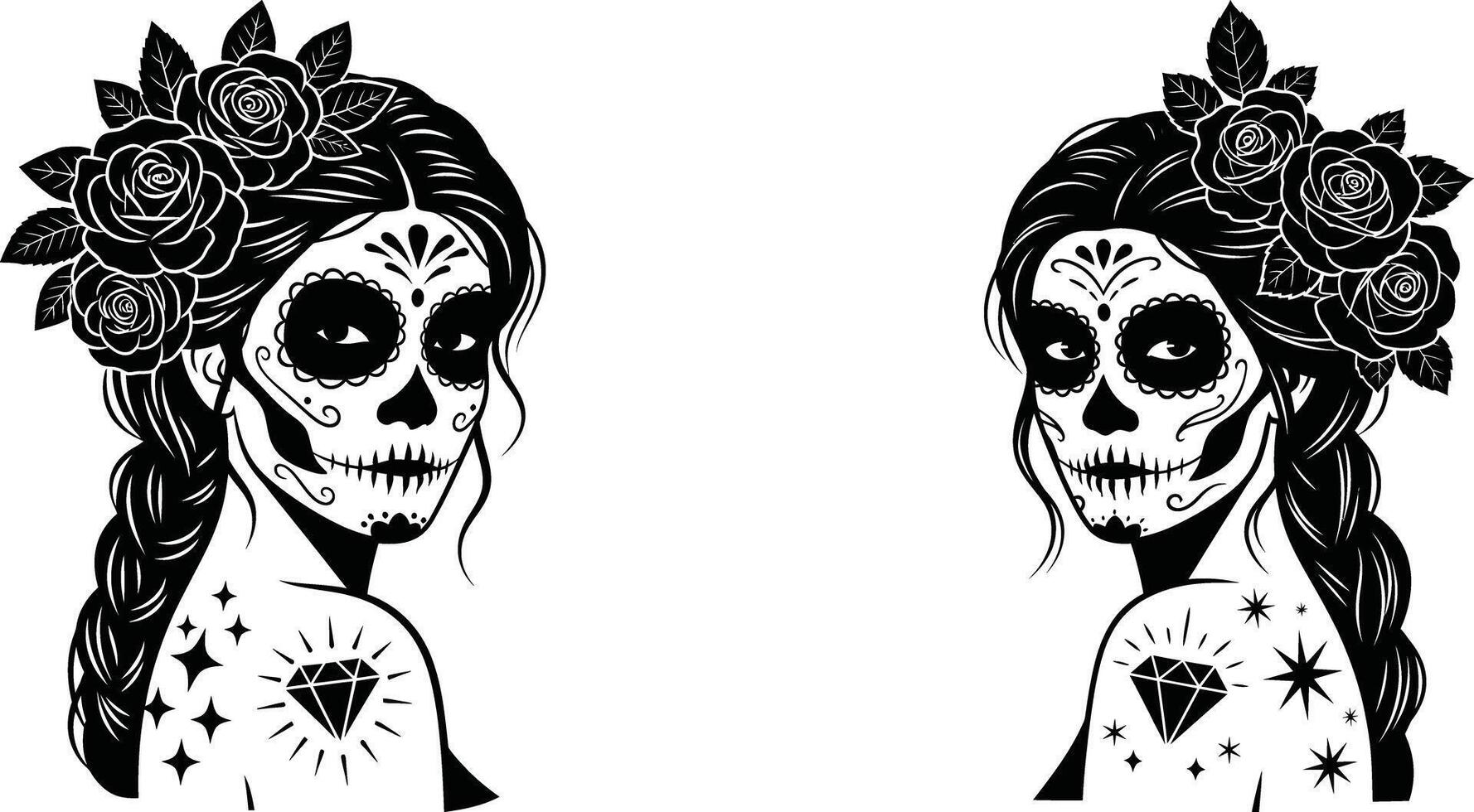 Calavera Catrina Featuring Rose Adornments and Diamond Tattoo Design For Dia de Los Muertos vector