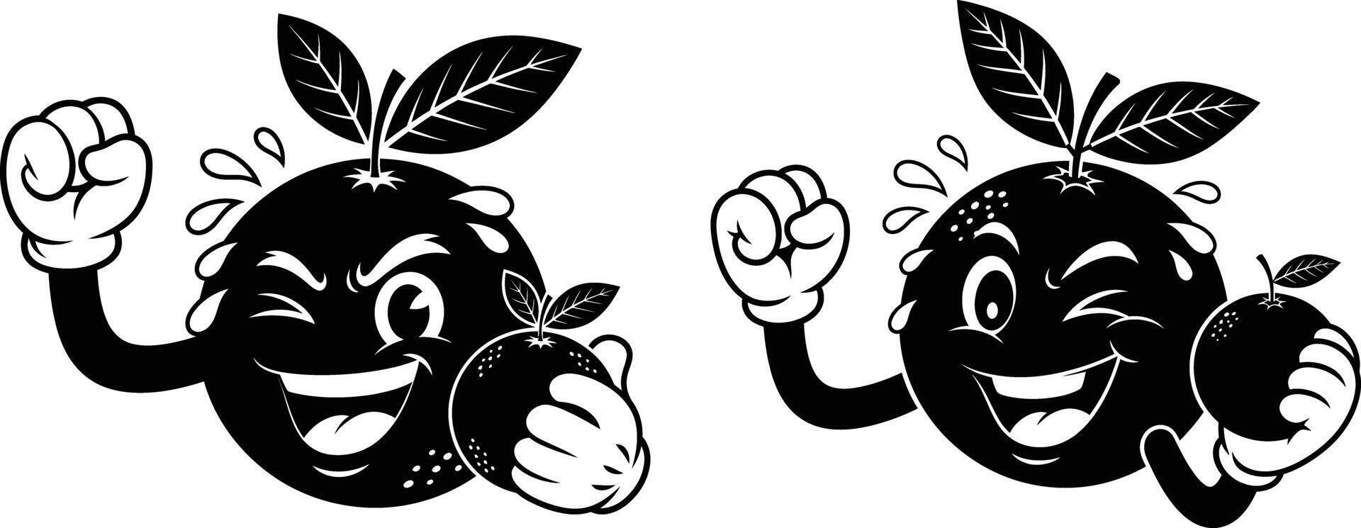Cheerful Fruit Mascot Illustrations Orange Characters Holding Fruit and Pumping Fists vector