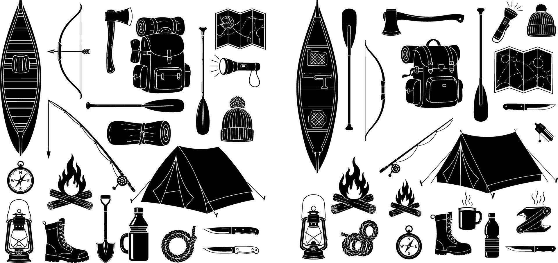 Camping and Adventure Gear Illustration Canoe, Tent, Axe, Map, and More Essentials vector