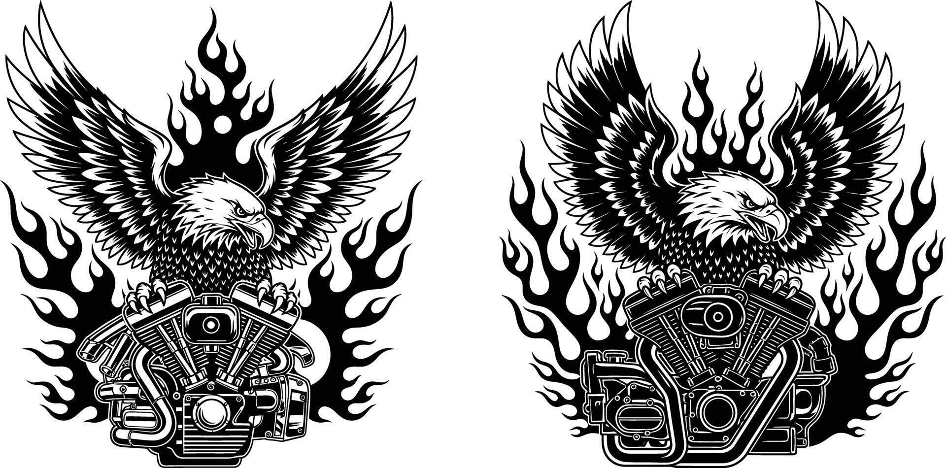 Eagle with Flames over Motorcycle Engine Art for Automotive Designs and Tattoo Ideas vector