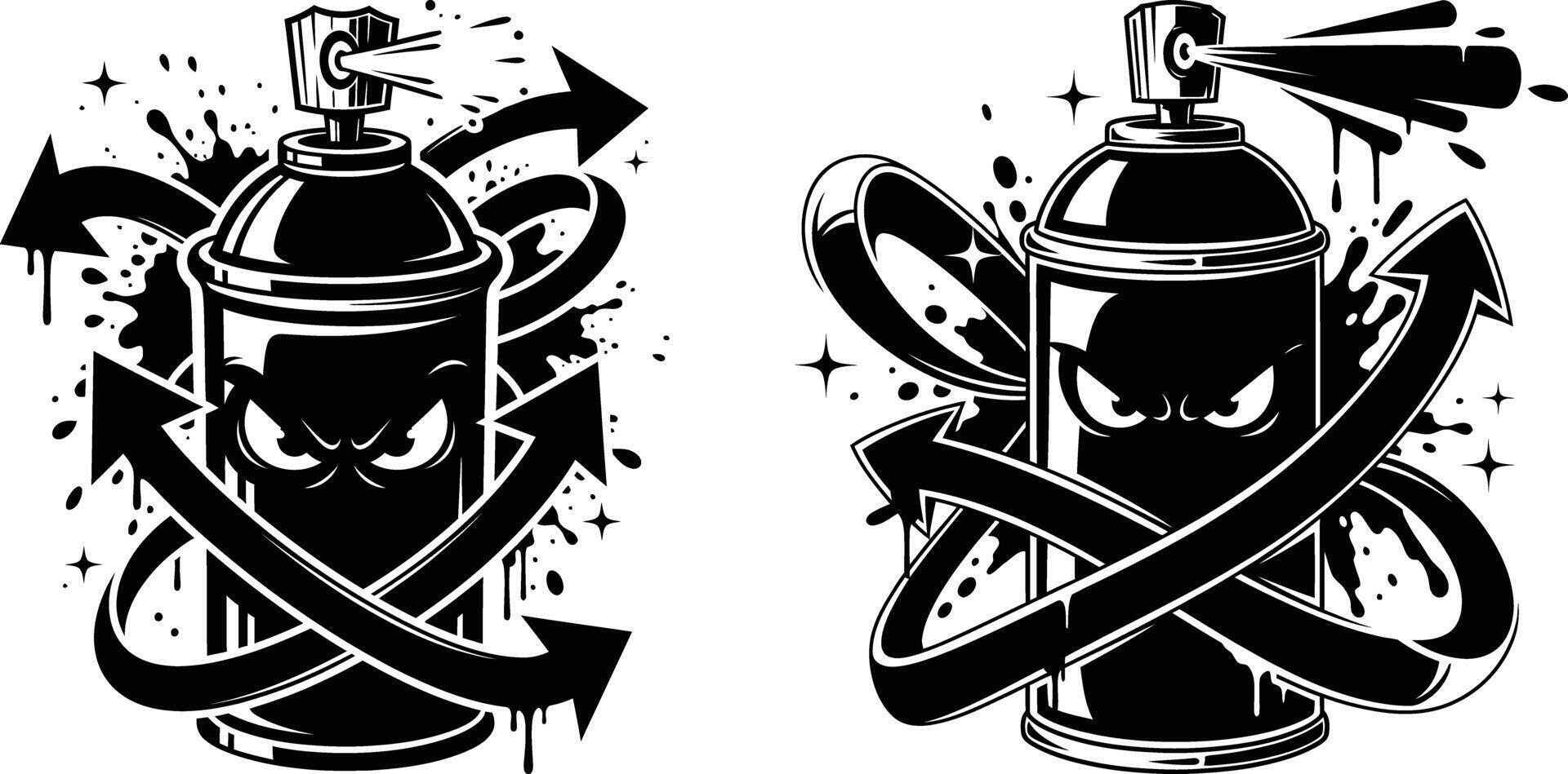 Graffiti Spray Can Characters with Arrows, Splatters, and Stars, Urban Art Style Vectors