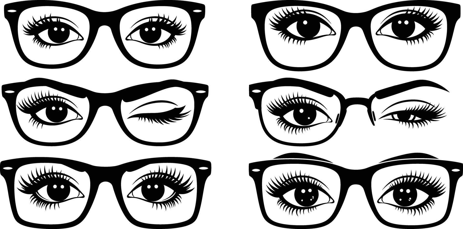 Eyeglasses Collection Art Women's Eyes with Long Eyelashes Designs vector