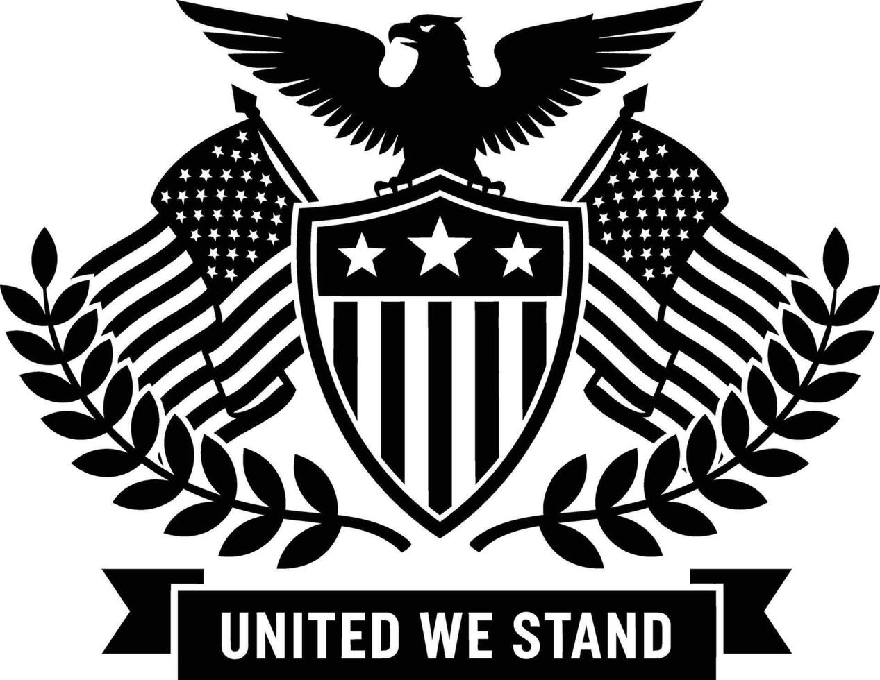 American Eagle Crest with Flags, Shield, and Olive Branches United We Stand vector