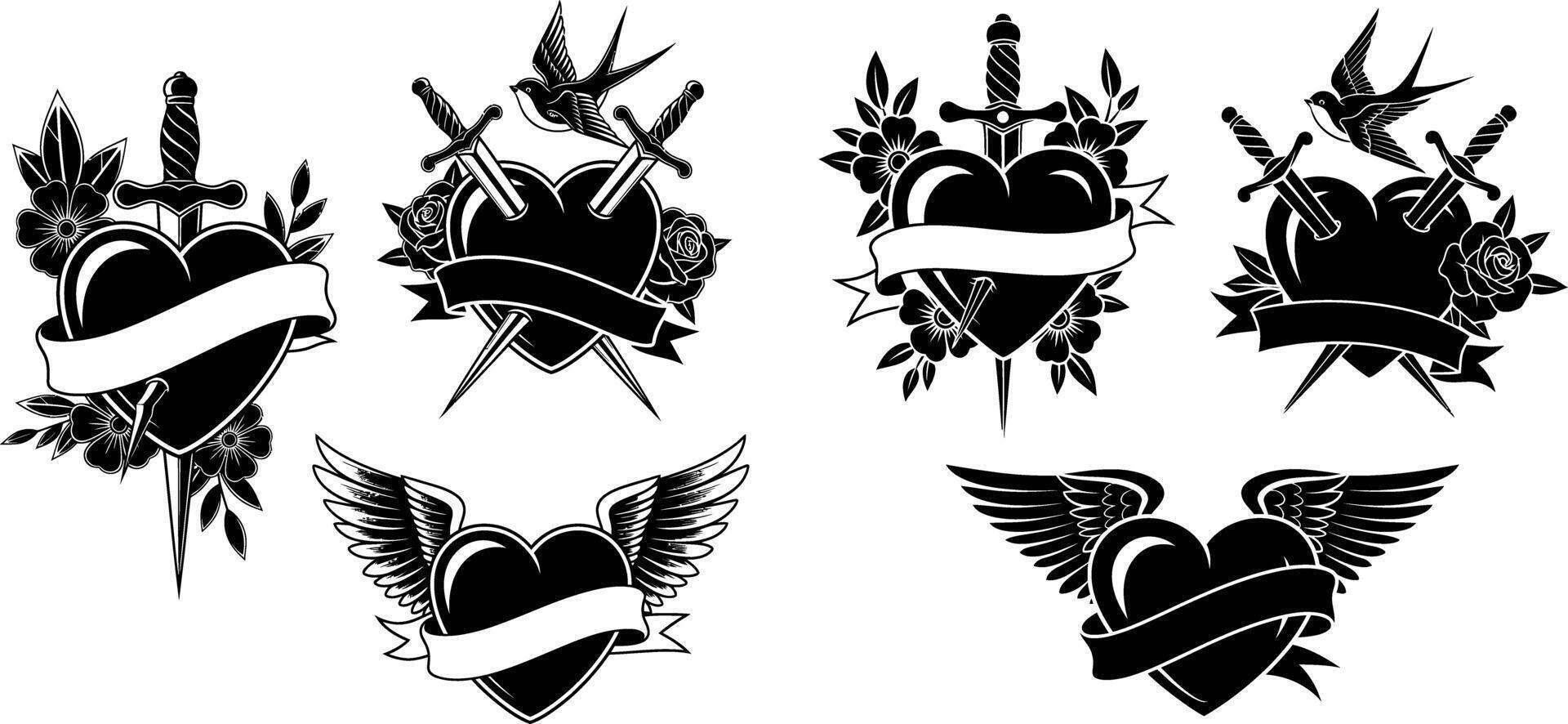 Collection of Tattoo Designs Featuring Hearts, Swords, Banners, Wings, Flowers and Bird vector