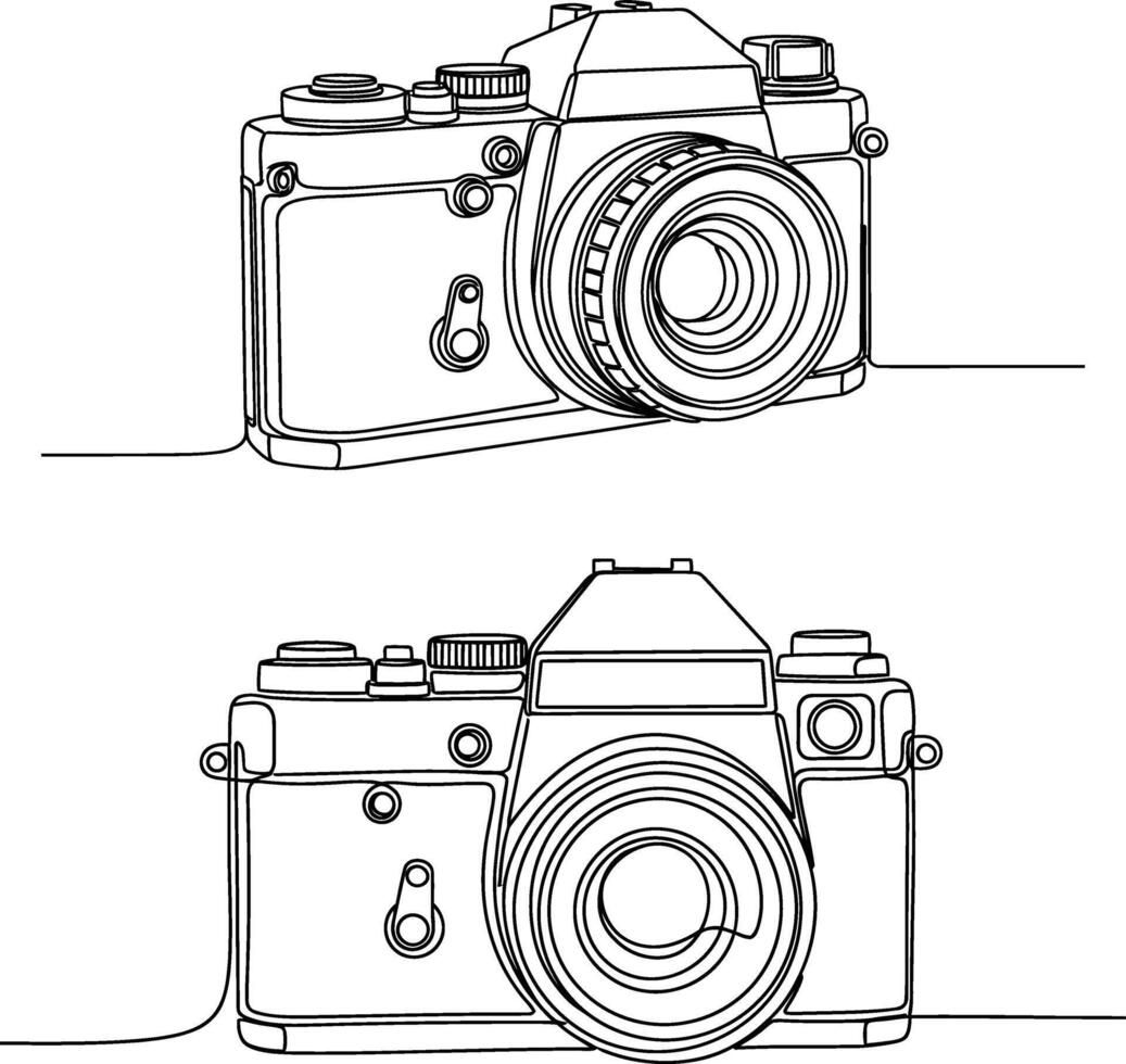 Two Vintage Cameras Single Line Art Drawing, Continuous Outline, Old Photographic Equipment vector