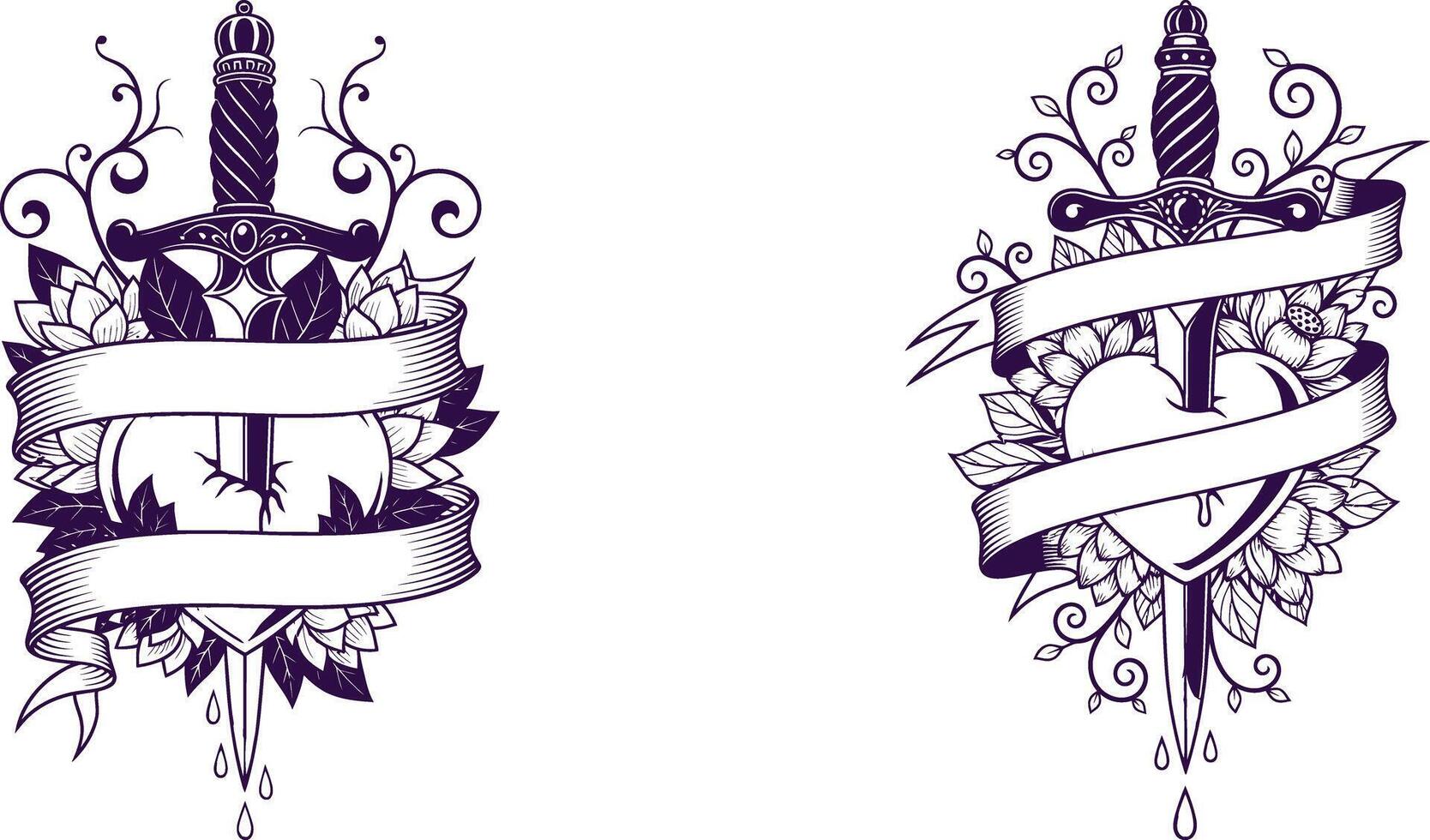 Dagger Through Heart Emblems with Banner, Floral Elements for Tattoo Design vector