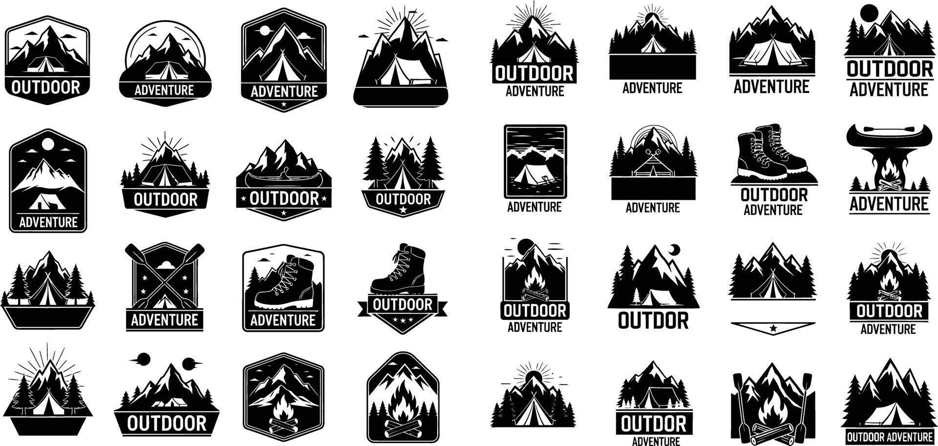 Assorted Badges Featuring Mountain Scenery, Camping Gear, and Adventure Themed Icons vector