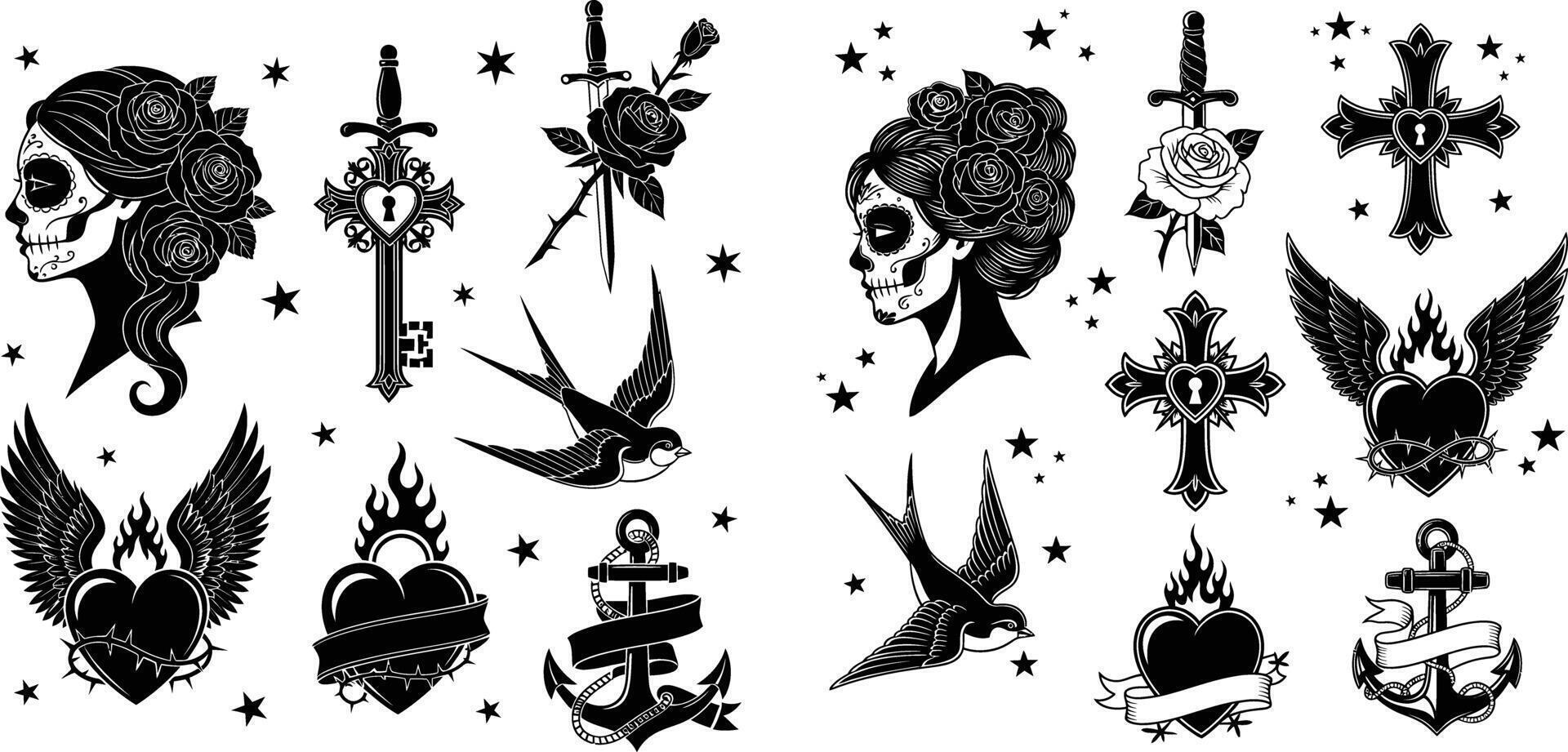 Tattoo Flash Sheet with Sugar Skulls, Roses, Daggers, Hearts, Birds, Crosses, and Anchors vector