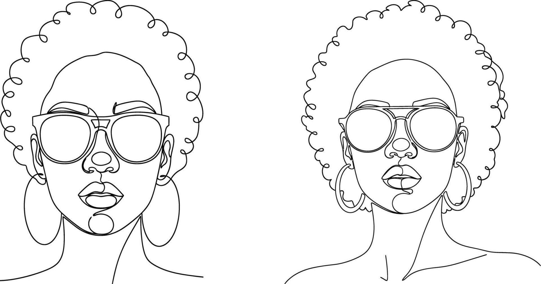 Continuous Line Drawing of Two Women with Curly Hair and Sunglasses Art vector