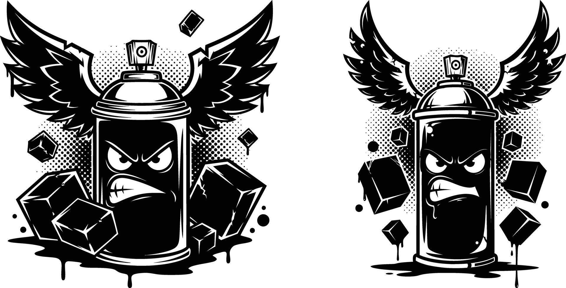 Illustration Featuring an Angry Spray Can with Wings and Cubes Floating Around It vector