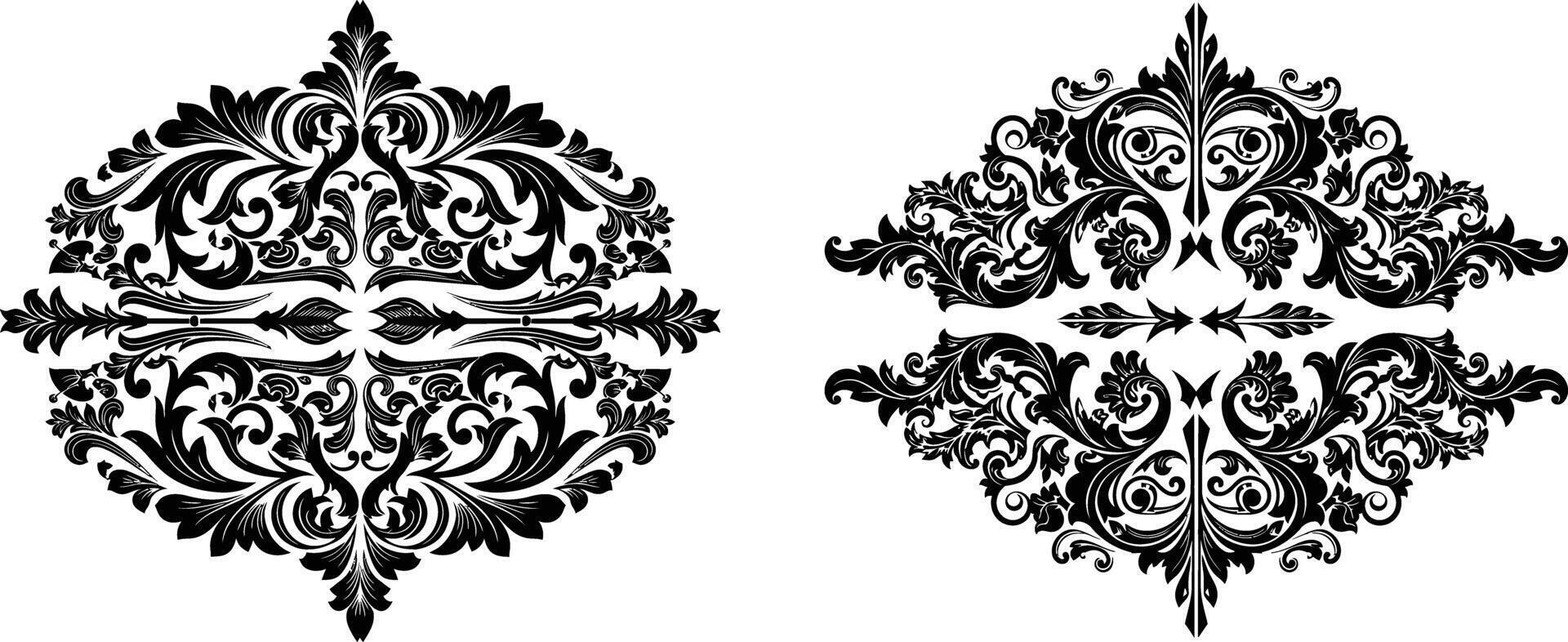 Symmetrical Floral Elements, Detailed Ornate Design, Decorative Flourish Motifs, Two Designs vector