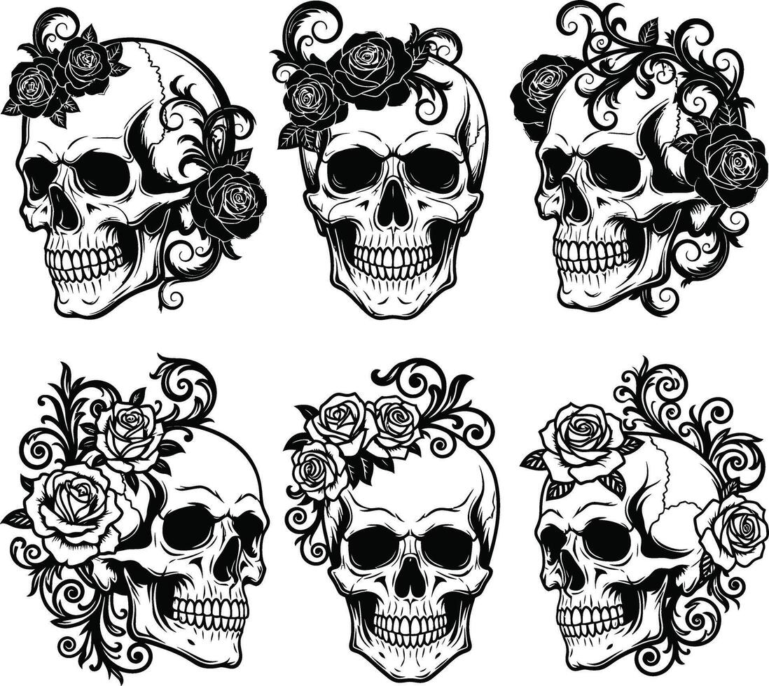 Skulls Adorned with Floral Designs, Art for Halloween, Tattoo Inspiration, and Gothic Themes vector