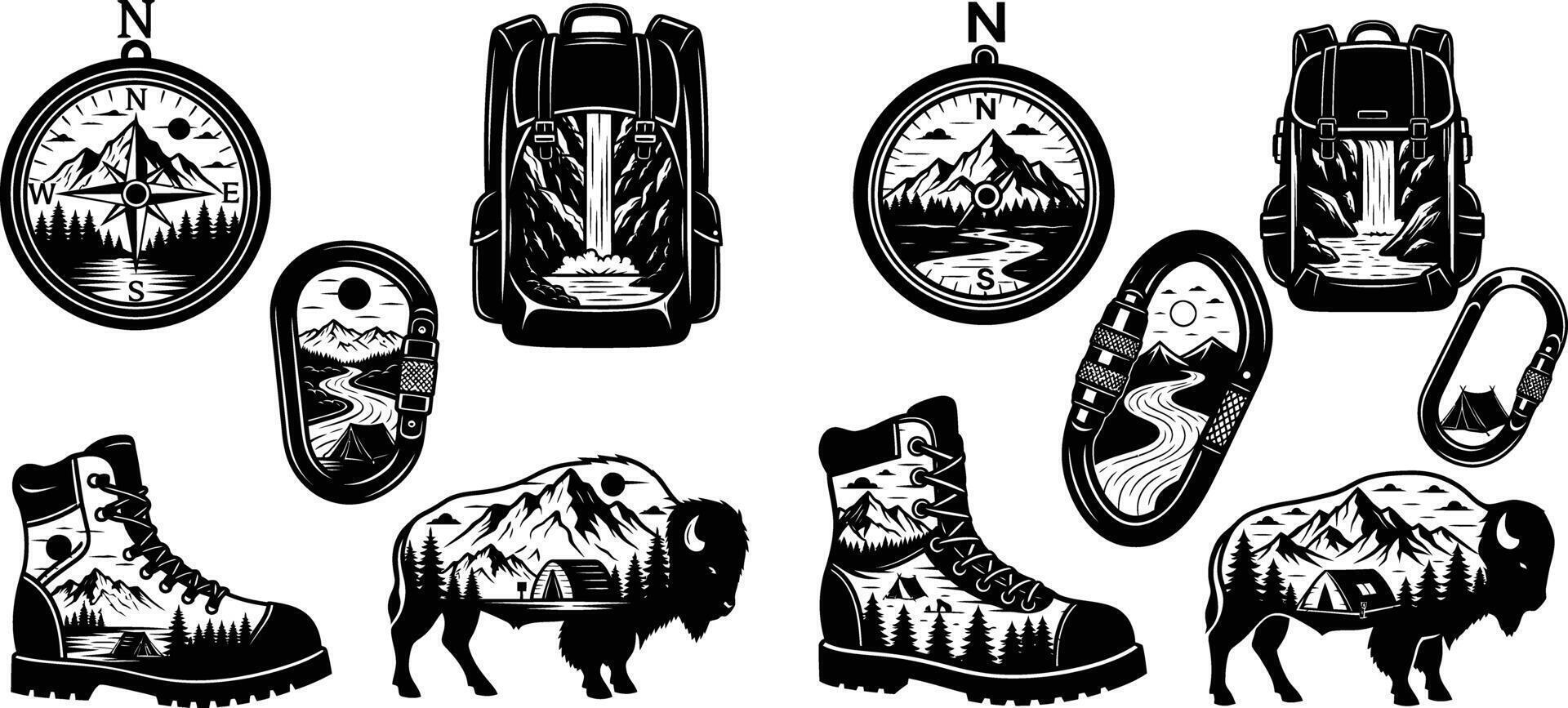 Mountain Adventure Gear Icons Backpack, Boot, Compass, Carabiner, Buffalo Illustration Set vector