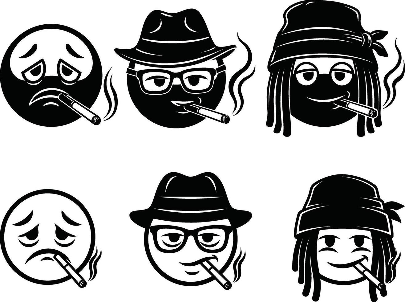Smoking Emoji Set Sad, Gangster, Intellectual, with Cigars and Hats Illustration vector