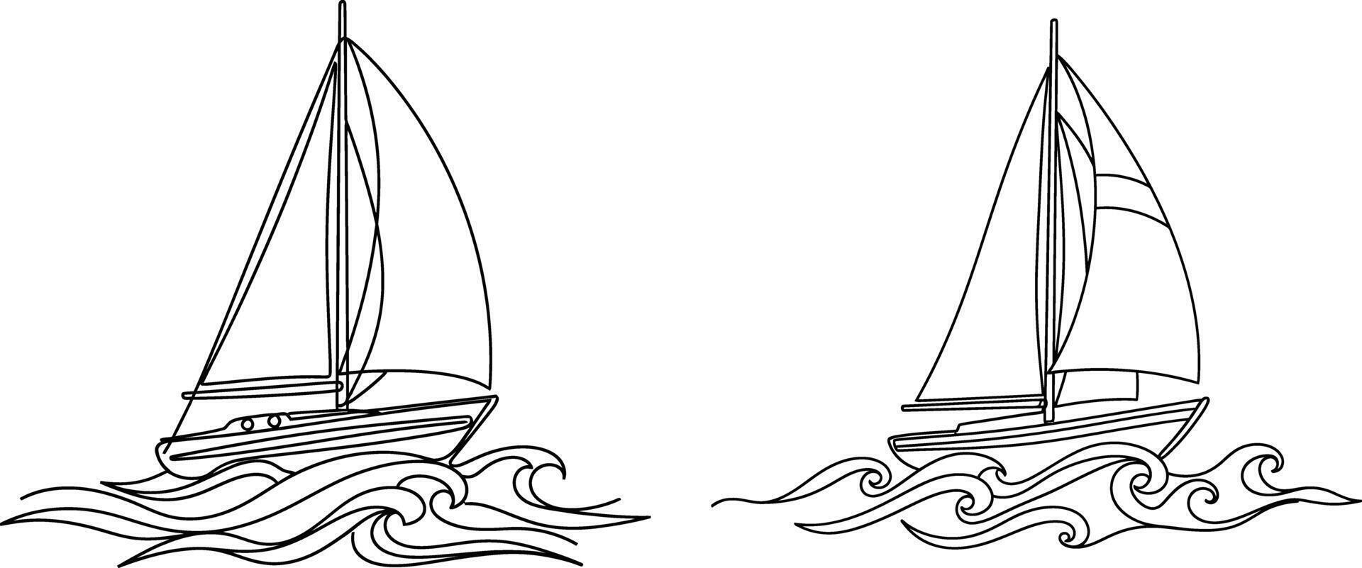 Outline Drawing of Sailboats on Wavy Water, Nautical Adventure Line Art Illustration vector