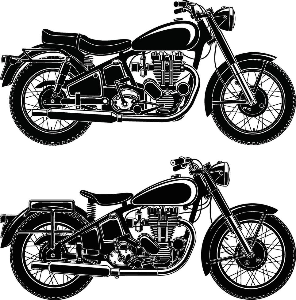 Pair of Classic Motorcycle Illustrations Featuring Detailed Engines and Tire Tread Designs vector