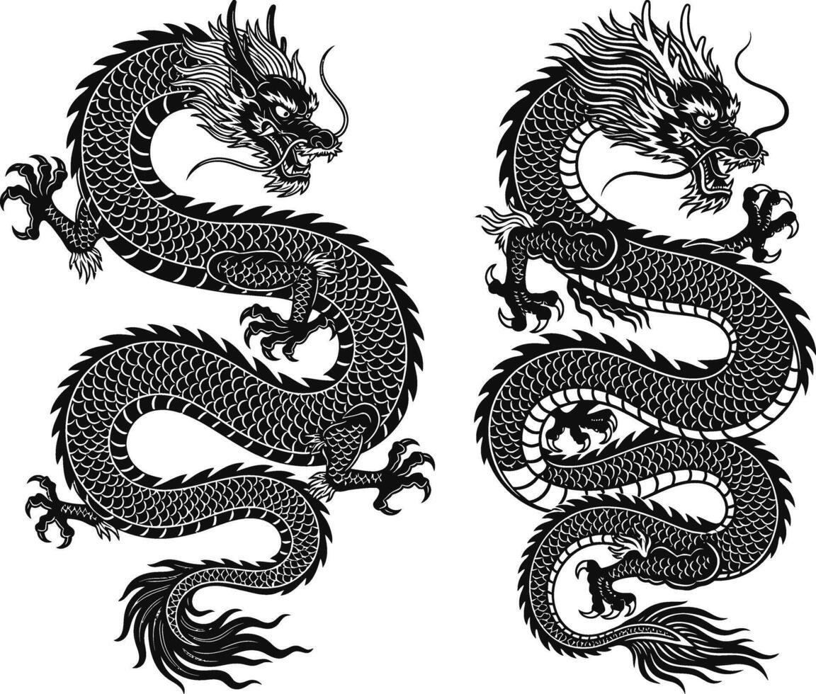 Artistic Rendition Two Stylized Dragons in Curled Poses Featuring Scales and Intricate Details vector