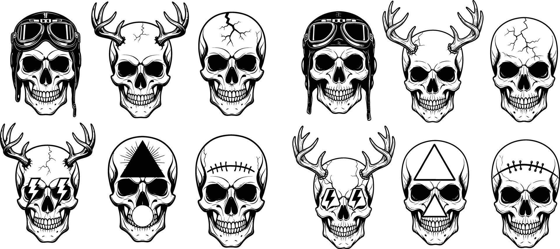 Skulls with Antlers, Goggles and Symbols, Outline Illustration on Plain Backdrop vector